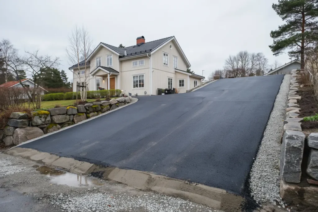asfaltera uppfart i sl nt r tt uppbyggnad och kantl sningar f r att undvika s ttningar