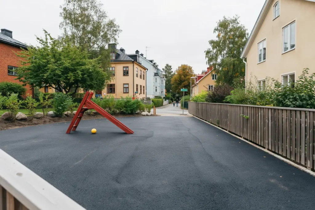 bel ggningsarbete och ny asfalt p f rskoleg rd i lsten bromma